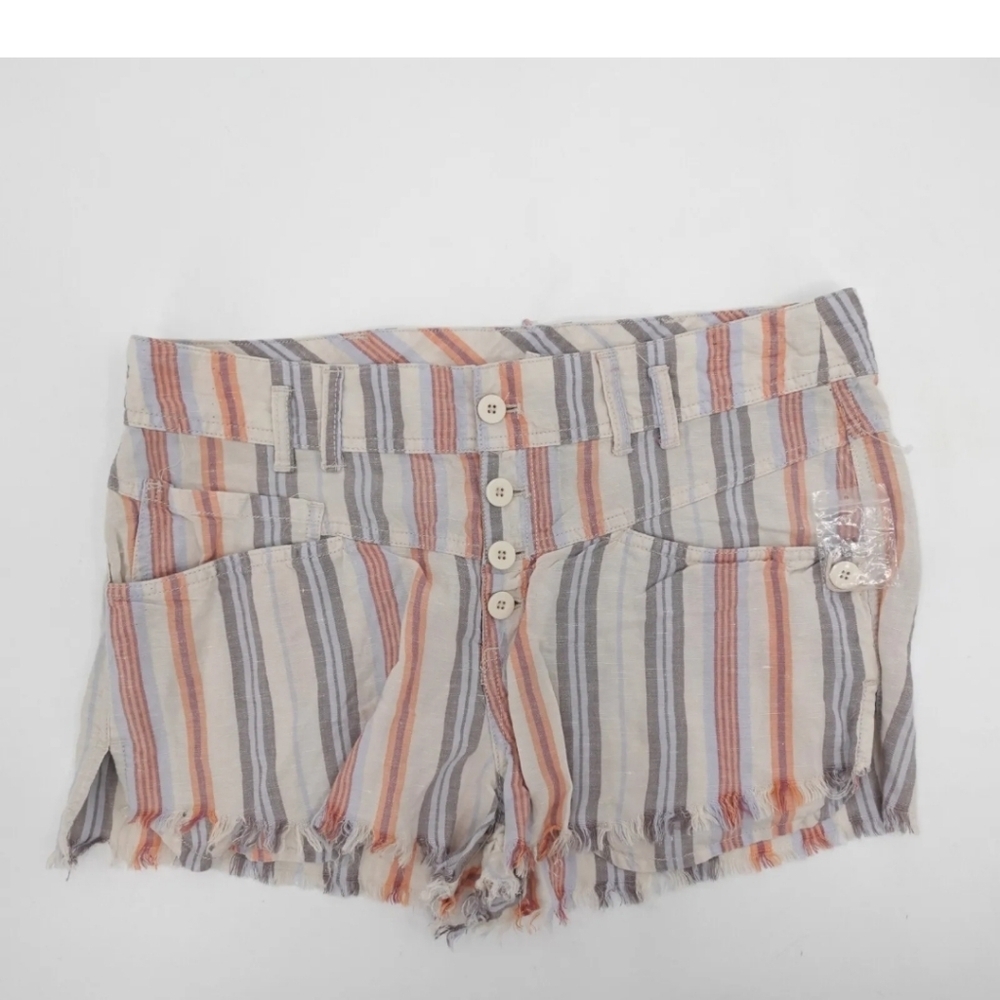 Free People Shorts Womens 2 Beige Brown Striped Linen Slit Soft Designer…